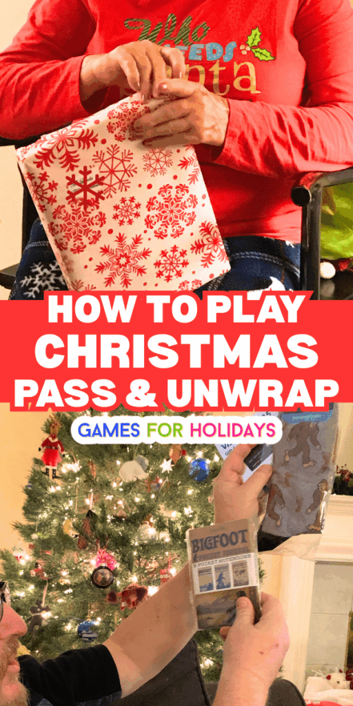 Chrismas party guests unwrapping presents and getting prizes for the Fun Christmas Party Game Unwrap and Pass Gift Game