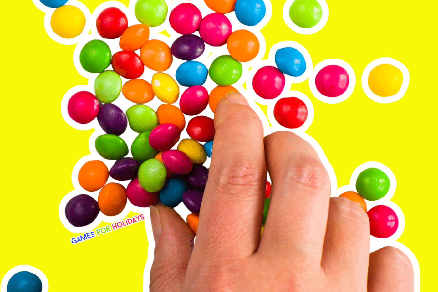 hand picking up Skittle candies with text overlay The Gratitude Game - Grateful Thanksgiving Skittles game
