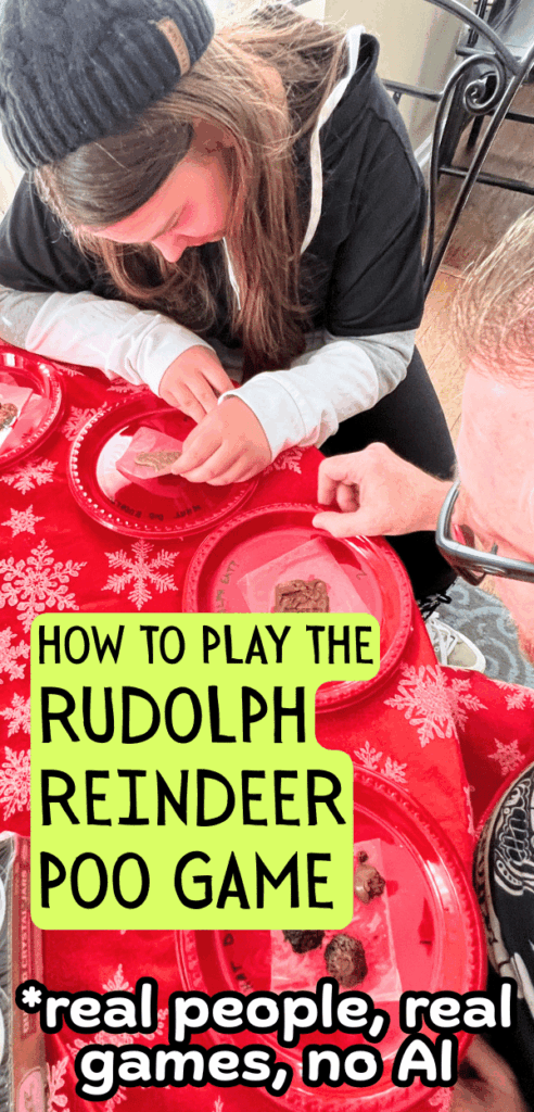 party guests sitting at a Christmas table looking at plates with melted chocolate for the Hilarious What Did Rudolph Eat Reindeer Droppings Game with text overlay How to play the rudolph reindeer poo game for Christmas