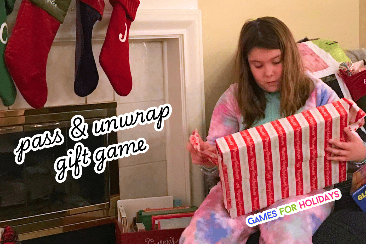 party guest unwrapping a Christmas box at a Christmas party with text overlay Pass And Unwrap Christmas Gift Game