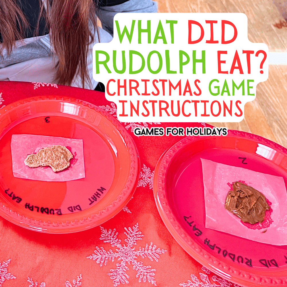 melted chocolate bars on christmas plates sitting on a christmas table with text overlay what did rudolph eat christmas party game for reindeer games