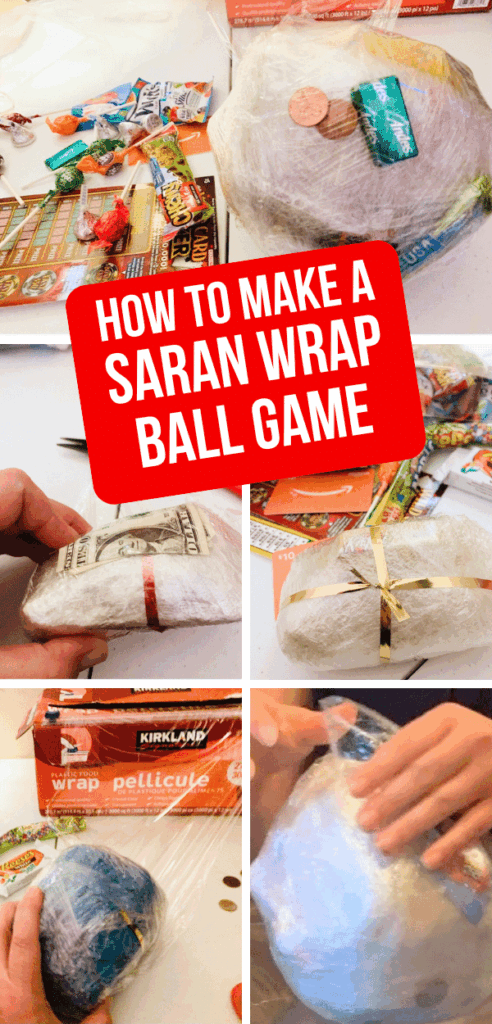 collage of pictures of How To Make A Saran Wrap Christmas Ball Game Step-By-Step for Christmas party Christmas games