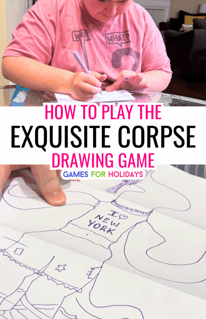 party guest playing the Exquisite Corpse Drawing Game and a finished exquisite corpse drawing for games for holidays