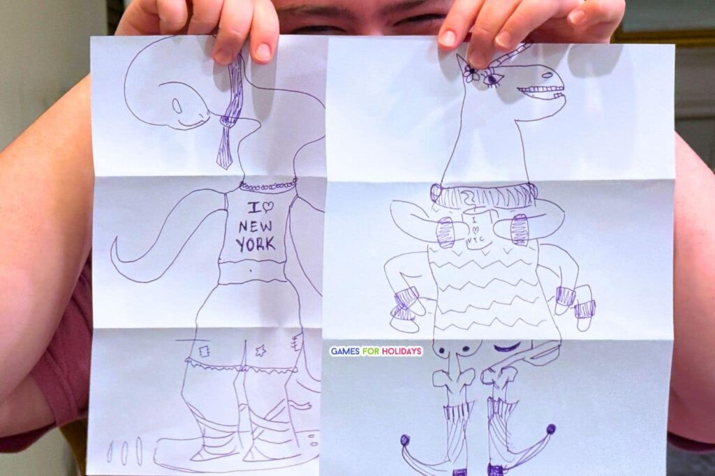 party game player holding up two funny drawings for the Exquisite Corpse Drawing Game for games for holidays