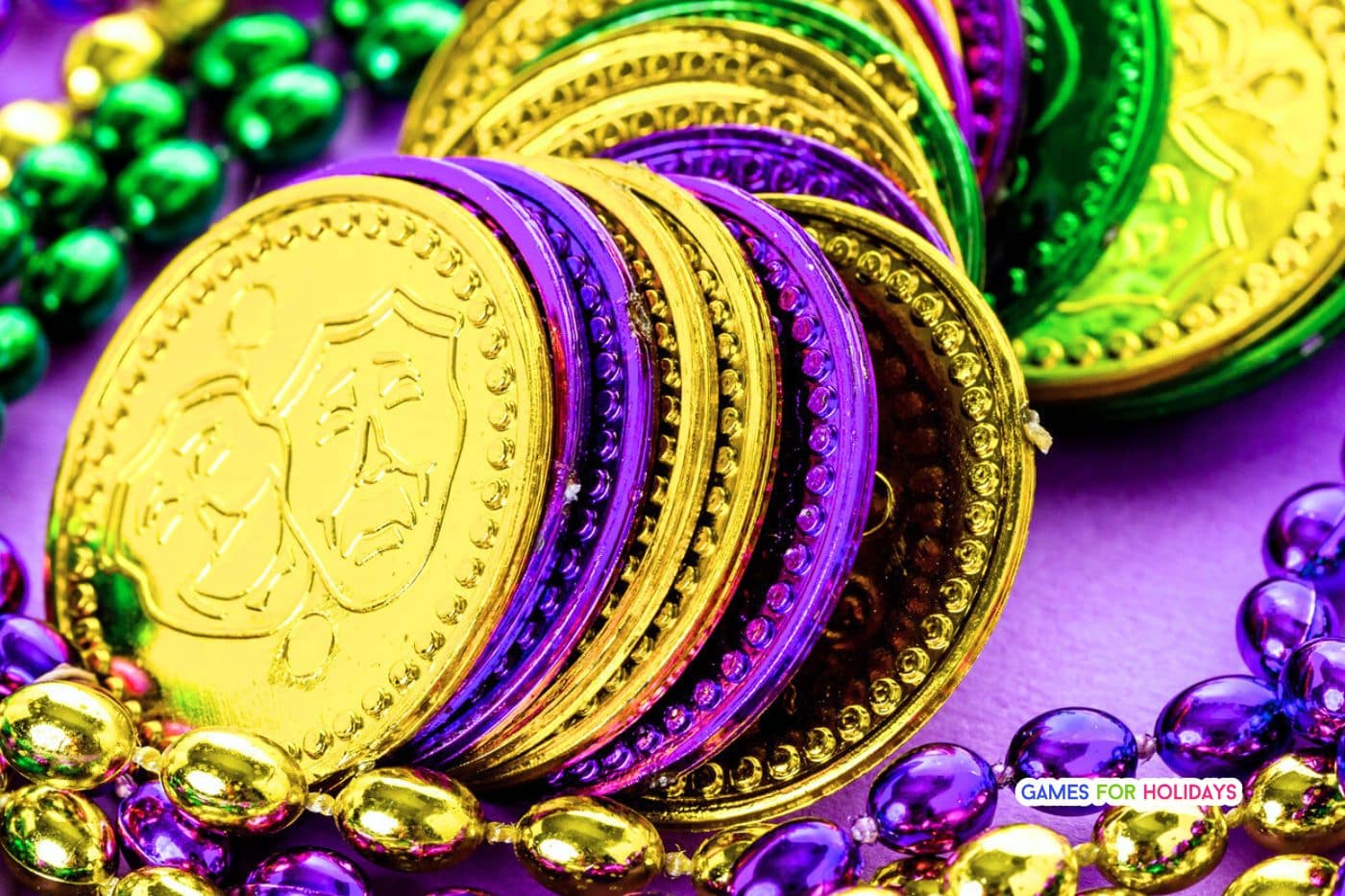 Mardi Gras Coin Game with mardi gras coins doubloons on a New Orleans party table