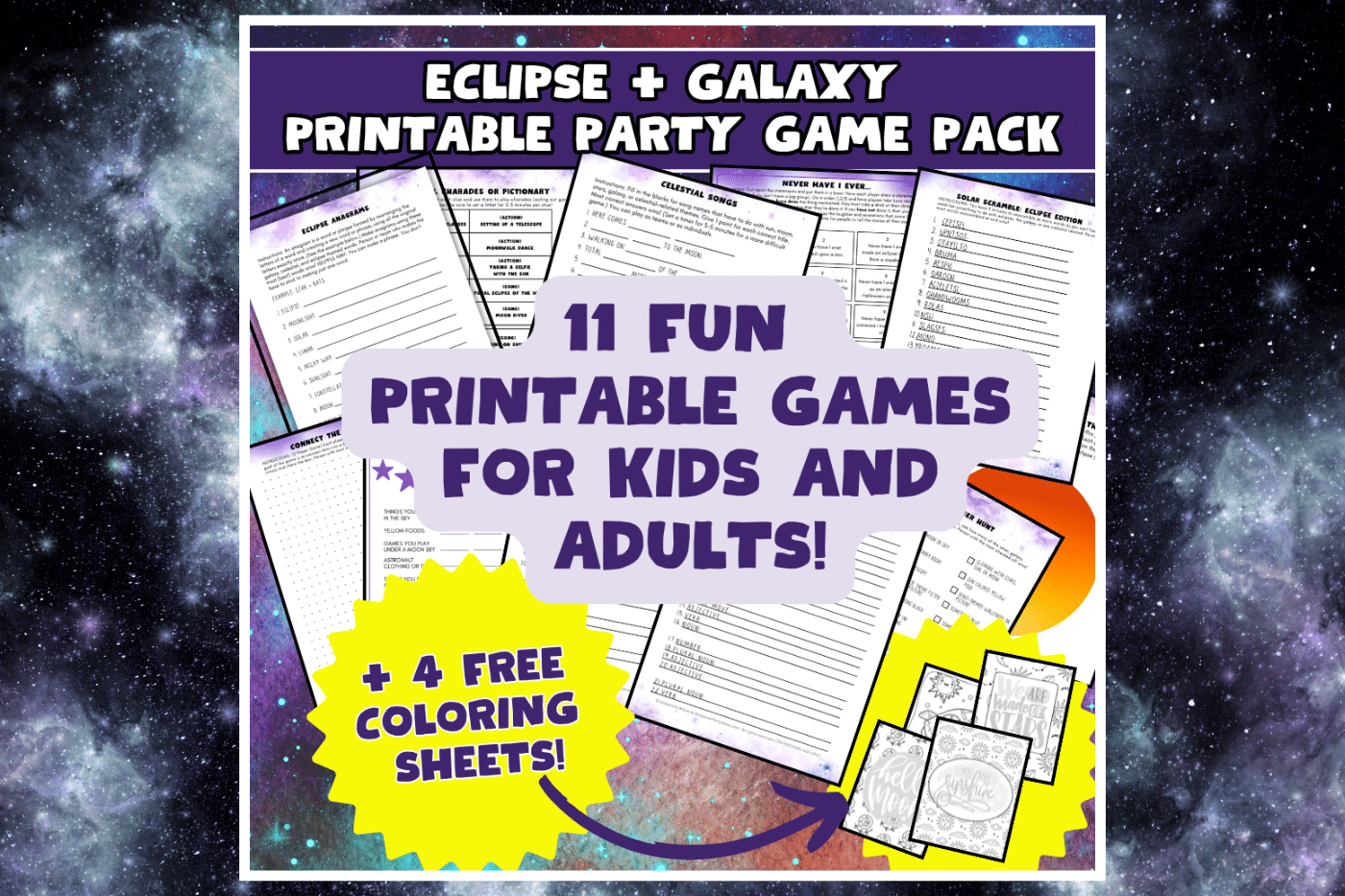 Science Party Game Printables for eclipse viewing, galaxy party or DIY birthday party games